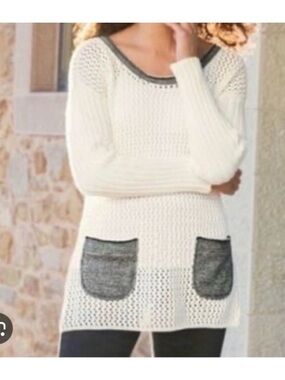 Soft Surroundings Cream Open-Weave Cotton Sweater Charcoal Trim Pockets Sz M